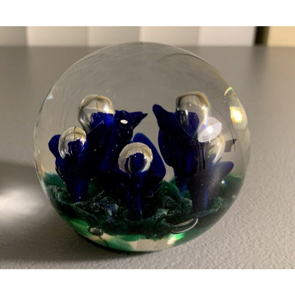 Maude and Bob St Clair 1981 Purple Blue Trumpet Flower Glass Bubbles Paperweight